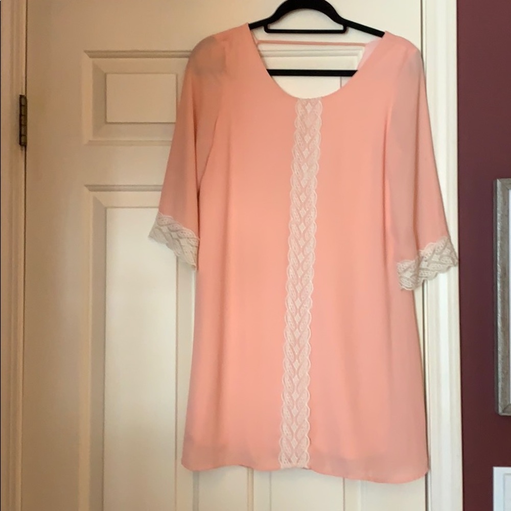 Pink chiffon dress with off-white lace detail